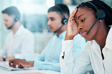 Image showing Headache, call center and burnout with a black woman in telemarketing looking tired or exhausted. Consulting, compliance and customer service with mental health issues of a female crm representative