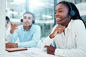Image showing Contact us, call center and team, working together with man and black woman, help coworker and communication with headphone. Customer service, tech support or telemarketing agent, working at desk.