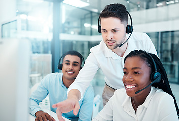 Image showing Telemarketing team, training and customer service leader coaching consultation in office. Crm consultant with headset, contact us and business help desk support management agency or call center coach