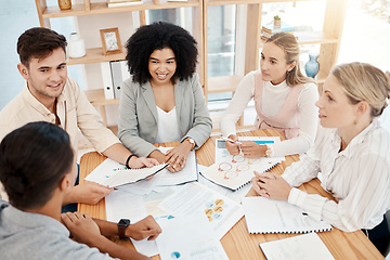 Image showing Diversity, business meeting and team have discussion, collaboration ideas and sales progress in office. Teamwork, conversation and planning for group project, marketing strategy and analyze charts.