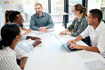 Image showing Business meeting group, diversity office with happiness or social conversation in finance workplace. Happy planning teamwork, multicultural people smile and work with comic collaboration together