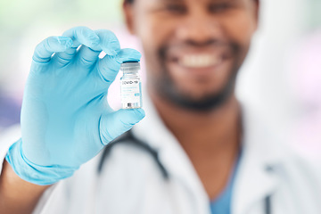 Image showing Doctor, hands and covid sample or vaccine in healthcare, medical or science research at hospital. Hand of GP professional holding vial test, medicine or cure for disease, illness or virus at clinic