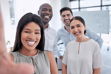 Image showing Happy, selfie and office team friends together in workplace pose for social media photograph. Smile, happiness or trust of business people or staff people in corporate business with company diversity