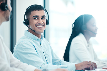 Image showing Business men, black woman and call center teamwork in customer support, contact us or crm consulting diversity office. Smile, motivation or happy telemarketing receptionist in b2b sales collaboration