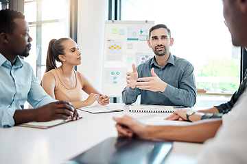 Image showing Business meeting, presentation and accounting man leader speaking about finance data and strategy. Team management, ceo and team staff working and planning a fintech project collaboration together