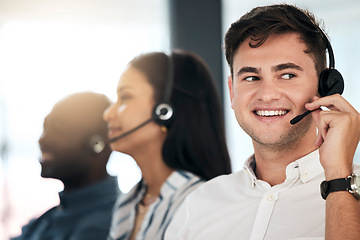 Image showing Man, consultant and call center with smile for telemarketing, communication or advice at the office. Happy male employee agent smiling with headset in contact us, customer service or online support