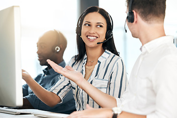 Image showing Business people, team and call center agency in collaboration for telemarketing advice at the office. Happy corporate employee consultant smile for customer service, help or desktop support at work