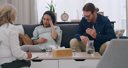 Image showing Couple, psychologist and talking with stress, mental health and angry with marriage help in counseling. Psychology, depression and divorce with pregnant woman and husband consulting with doctor