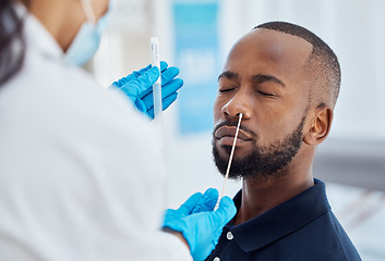 Image showing Covid, pcr test and healthcare with a black man patient at the hospital for a medical appointment. Medicine, insurance and corona virus with a male in a clinic for virus testing during the pandemic