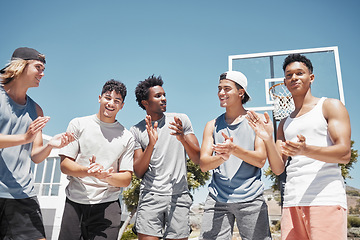 Image showing Friends, team and basketball men clapping hands in support of motivation, community and goal at basketball court. Fitness, hands and team sports man group excited for training or game practice