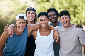 Image showing Men, laughing and bonding on sports court in fitness, workout or training for community game, match and competition. Portrait, smile and happy exercise friends, people and students in team diversity