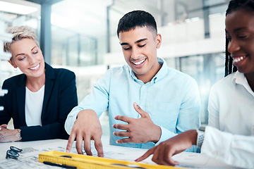 Image showing Engineering, architecture and happy team in a meeting planning a creative office building or floor plan blueprint. Smile, teamwork and global designers coworking on an apartment building renovation