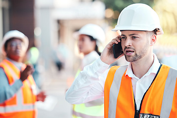 Image showing Engineer, phone call on site and man for construction, confirm building and schedule with vest. Male leader, architect and smartphone conversation, discussion and planning collaboration for strategy.