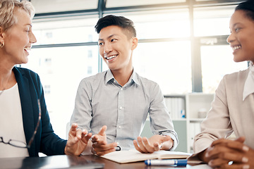 Image showing Diversity, business meeting and team have conversation for marketing planning, advertising strategy and sales goal. Teamwork, collaboration and group talking company growth, finance and communication