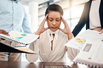 Image showing Stress headache, burnout and woman overwhelmed with workload with poor time management. Frustrated, overworked and tired lady with tablet at startup office, anxiety from deadline time pressure crisis