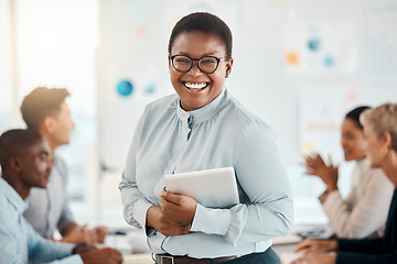 Image showing Black woman with tablet, leader and business meeting with corporate presentation portrait, speaker and leadership of team. Presenter in conference room, professional and tech, diversity in workplace.