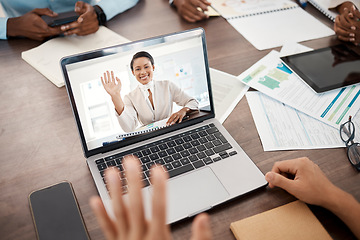 Image showing Video call, online meeting and woman on laptop screen in office boardroom, advice or planning on online workshop. Remote work, women networking and happy business coach for virtual advisory business.