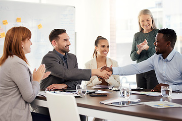 Image showing Corporate, client and partnership handshake of office workers with diversity in a business meeting. B2b welcome, thank you and crm deal hand gesture of company staff happy about a contract agreement