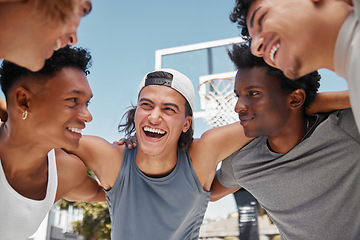 Image showing Happy, motivation and team building on a basketball court for a fitness mindset, teamwork and planning a strategy. Smile, support and funny sports men laughing, training or exercise with a mission