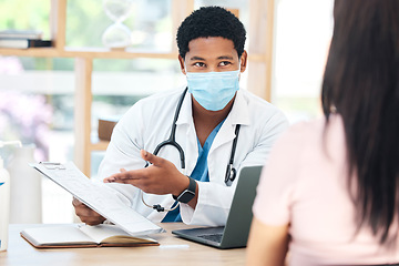 Image showing Healthcare, doctor and covid insurance in consultation office with patient for compliance, records and info. Surgery, documents and health worker at desk with woman for corona, medical and planning