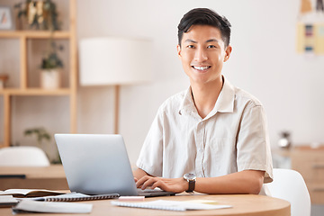 Image showing Freelance, laptop and finance with an asian man in business accounting while doing remote work from home. Internet, accountant and research with a male entrepreneur working on financial documents