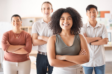 Image showing Diversity, team and pride with collaboration teamwork and support in startup marketing office together. Leader, manager and mentor with company employee, smile and happy to work together for a goal