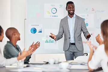 Image showing Chart presentation, leader or team applause for achievement of kpi goals, financial target or sales growth. Marketing feedback data, black man and people clap for strategy success at business meeting