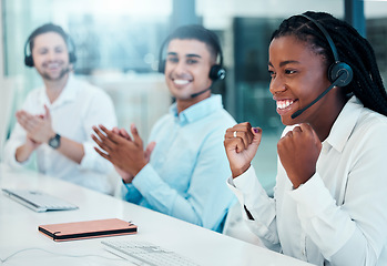 Image showing Black woman, fist or success in call center celebration, contact us growth or telemarketing target in teamwork collaboration. Smile, happy or winner customer support workers in office crm sales goals