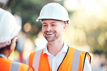 Image showing Safety, architecture and happy engineer at a construction site talking or speaking at a home renovation. Smile, contractor and engineering partner in conversation at an outdoor building project job