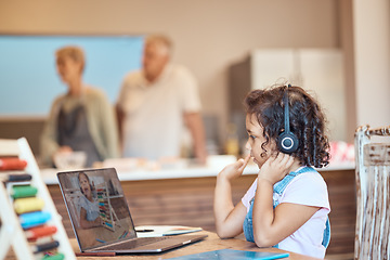 Image showing Child, girl and laptop headphones in distance learning, education and math lesson with beads counter abacus in family home. Kid, youth and student waving on technology in homeschool classroom support