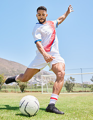 Image showing man, kick football and soccer training on sports field outdoors for competition game or workout. Fitness exercise, goal motivation and strong athlete legs or lifestyle sport on stadium grass