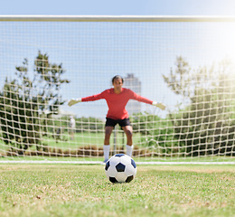 Image showing Soccer, sports and goalkeeper in defence for game, exercise and training at football pitch to stop goal outdoor. Professional male athlete or goalie with soccer ball on field for sport hobby