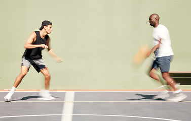 Image showing Basketball, team and blur motion for training on court, playing or have fun for game day in summer. Sports, players or practice for match, wellness or health for collaboration, tournament and outdoor