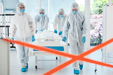 Image showing Healthcare doctor, covid patient or quarantine red tape zone with team in hazmat suit for bacteria, sick or dead person in hospital. Medical PPE covid 19 nurse, virus or corona virus safety protocol