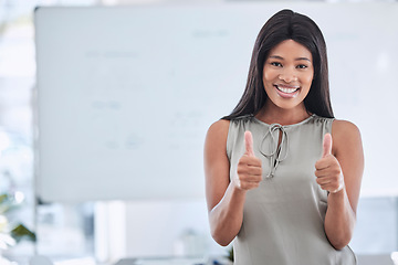 Image showing Business black woman, thumbs up and office portrait mock up for like, project success or career target achievement. Corporate manager, boss or leader with thank you, agreement or support hands sign