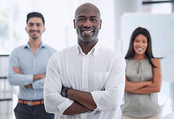 Image showing Black man, leader and team collaboration with pride portrait, leadership in workplace and solidarity. Community in office, diversity and working together with trust, teamwork and corporate unity.