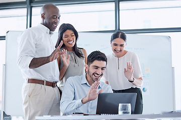 Image showing Business people wave, laptop video call and online meeting presentation in company office. Diversity staff group talking in digital workshop, global voip conference and computer webinar on tech