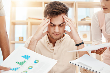 Image showing Stress, young man and headache being overworked, upset and tired in office. Business, employee and male experience burnout, frustrated and depressed with multiple task with anxiety and mental health.