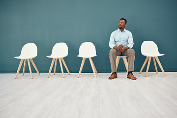 Image showing Recruitment, waiting room and business black man thinking of career opportunity, job search hiring and interview for hr mock up, Corporate man, employee or entrepreneur with ideas in Human Resources