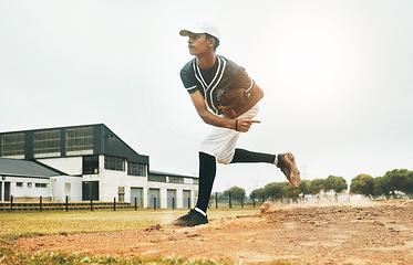 Image showing Sports, baseball and pitcher throw on baseball field at training game, match or competition. Health, workout and baseball player from Brazil practice pitch for strength, fitness or exercise outdoors