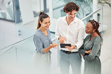 Image showing Marketing collaboration, tablet teamwork and office employees look at idea for digital advertising campaign presentation. Group feedback, workers consult mentor and talk together on workplace stairs