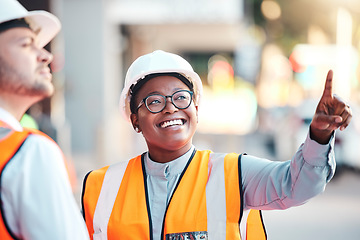 Image showing Engineering, architecture and industry employees planning a maintenance, architect or construction project. Development, partnership and black woman working on a civil plan at outdoor industrial site