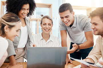 Image showing Diversity, team and laptop doing online planning, conversation and browse internet together for marketing. Digital device, teamwork and group project discussion, collaboration and talking business.