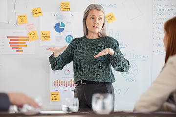 Image showing Senior speaker, business woman and corporate meeting planning a marketing finance strategy. Business meeting, team and accounting leadership with a ceo working and speaking with corporate data