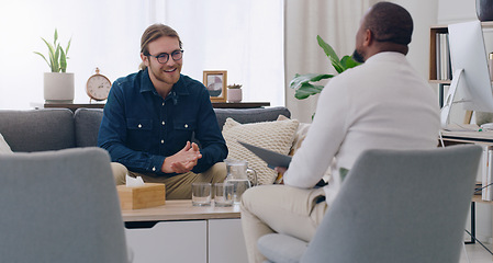 Image showing Black man, talking psychologist and patient on mental health support sofa, anxiety consulting or depression counseling. Smile, happy and trust in psychology counselling therapy or rehabilitation help