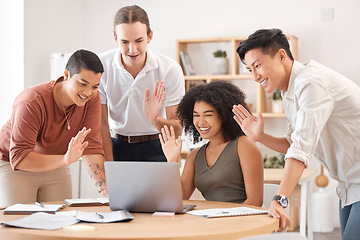 Image showing Video call, laptop and team on online meeting in office for corporate discussion or project. Technology, wave and happy business people on video conference, webinar or virtual workshop in workplace.