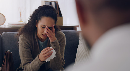 Image showing Woman, sad or crying on sofa by psychologist employee or healthcare worker in mental health, anxiety or burnout counseling therapy. Stress, upset or depression patient in psychology counselling help