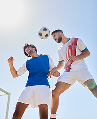 Image showing Soccer, sport and fitness, men with soccer ball playing match, rival and jump on sports field outdoor. Soccer player, exercise and athlete play game, cardio and endurance with professional club.