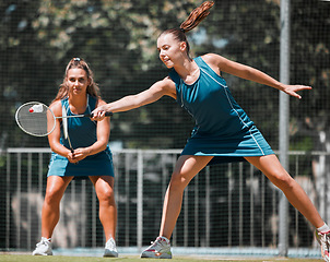 Image showing Sports women, fitness or badminton for teamwork, sport wellness or training game on court in an event. Partnership, friends or woman players for exercise, workout or team building game