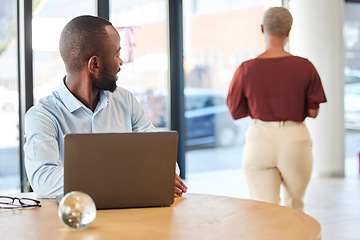 Image showing Woman sexual harassment, ass and business man looking, peep and spy on company colleague, coworker or staff workforce. Me Too, toxic workplace and wrong black man or office employee watch girls butt